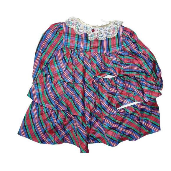 Vintage 80s/90s Plaid Tiered Party Dress Lace Collar Velvet Yoke 2T - Picture 2 of 7